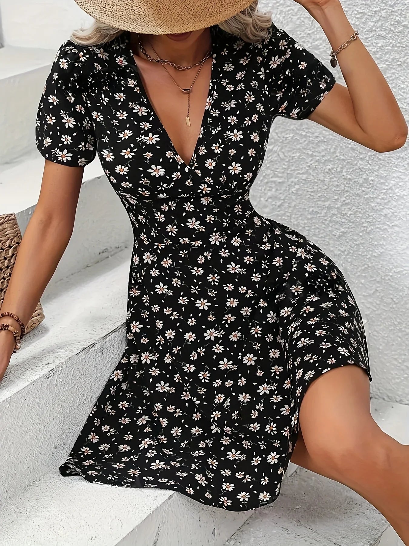 CD | Vara Femei florale imprimare Mini rochie V-Neck Puff mâneci Casual rochie de vacanță pentru a ieși și partid