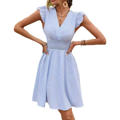 CD | Rochie de vară pentru femei cu dungi și mâneci fluture Mini rochie de vacanță la modă în stil european