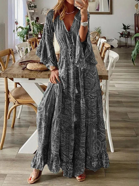 CD | 2023Cross frontieră boemă stil evazat mâneci imprimate v-neck mare rochie de vacanță cu talie florale rochie florale pentru femei