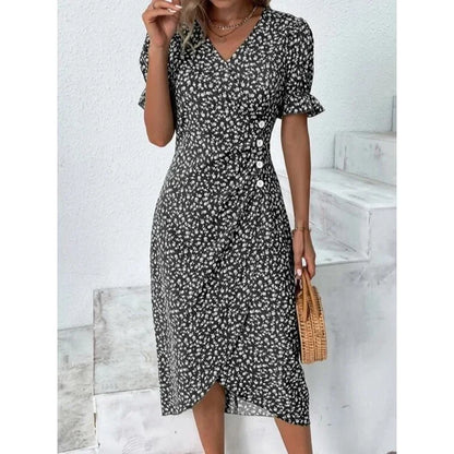 CD | Rochie midi elegantă plisată floral cu mâneci bufante și decolteu în V