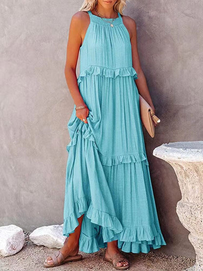 CD | Rochie maxi pentru femei - Ținută relaxată - Gât tip halter - Detaliu cu volane - Fibre naturale
