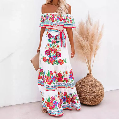 CD | Primăvară vară Rochie maxi fără umăr cu imprimeu floral roșu Fără mâneci Ținută lejeră tiv lat pentru petreceri și purtare casual