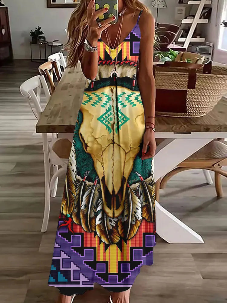 CD | 2024 New 3D Owl Vintage Print Sleeveless Vest Long Women Tribal Pattern Spaghetti Strap Dress Summer Long Loose Vest Dresses