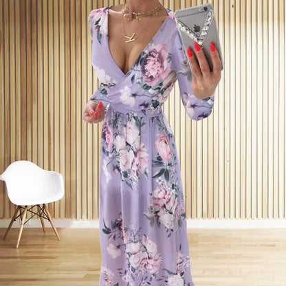 CD | Amazon eBay Cross Border Summer Chiffon imprimate rochie lungă V-Neck maneca lunga Split stil pentru femei