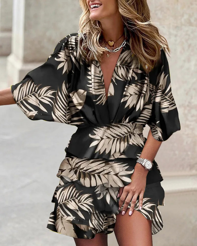 CD | Ladies casual V-neck rochie mini cu mâneci batwing și tiv volan pentru vara și ocazii de petrecere