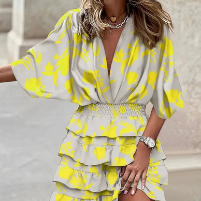 CD | Ladies casual V-neck rochie mini cu mâneci batwing și tiv volan pentru vara și ocazii de petrecere