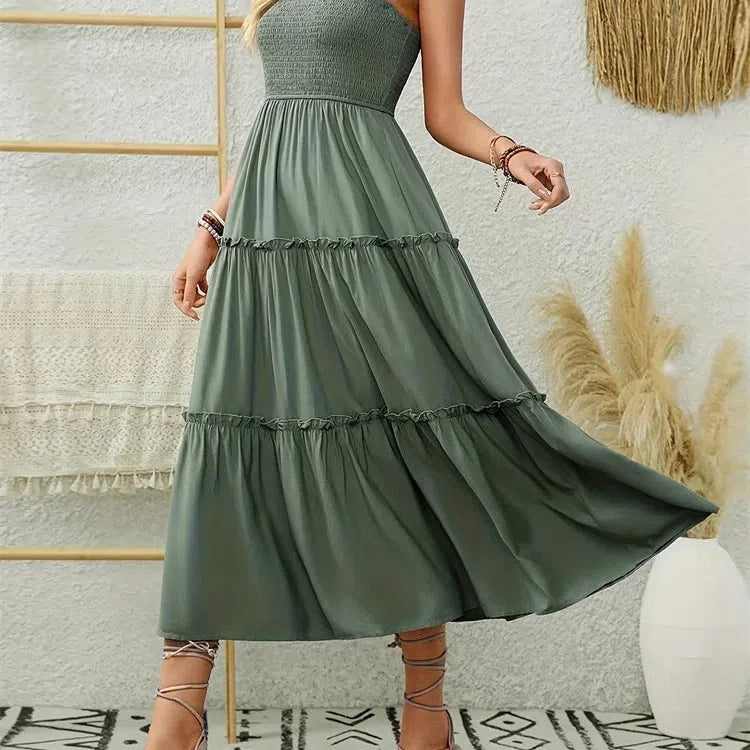 CD | Elegant backless plisat rochie lungă cu volane pentru femei