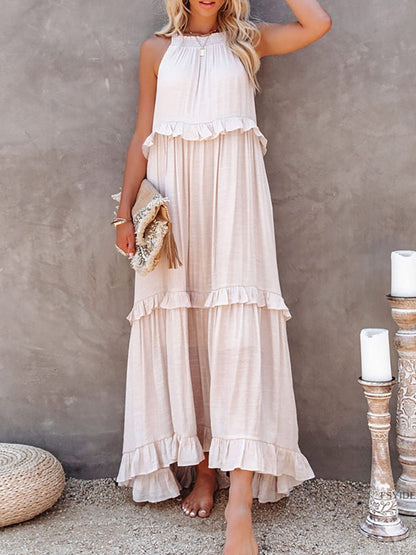 CD | Rochie maxi pentru femei - Ținută relaxată - Gât tip halter - Detaliu cu volane - Fibre naturale