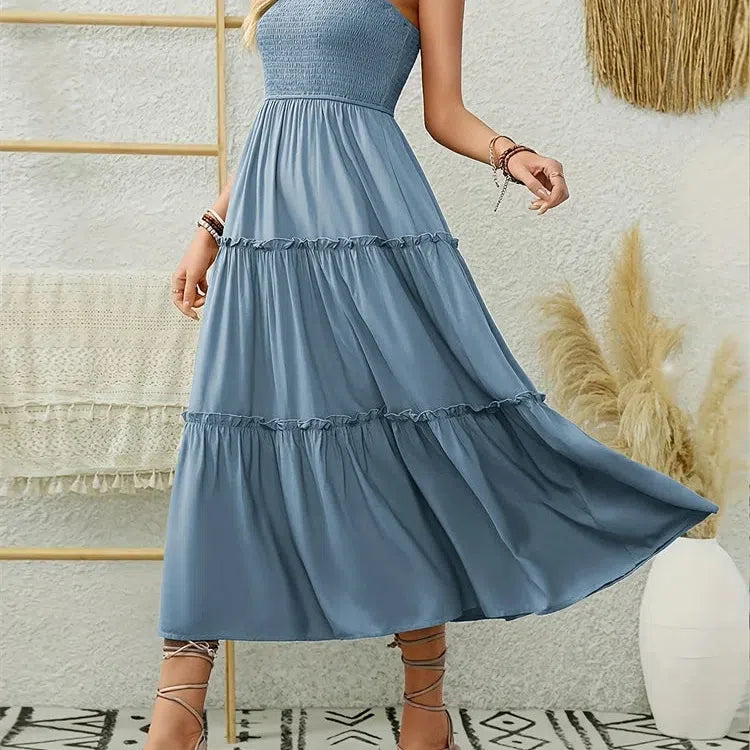 CD | Elegant backless plisat rochie lungă cu volane pentru femei