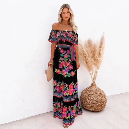 CD | Primăvară vară Rochie maxi fără umăr cu imprimeu floral roșu Fără mâneci Ținută lejeră tiv lat pentru petreceri și purtare casual