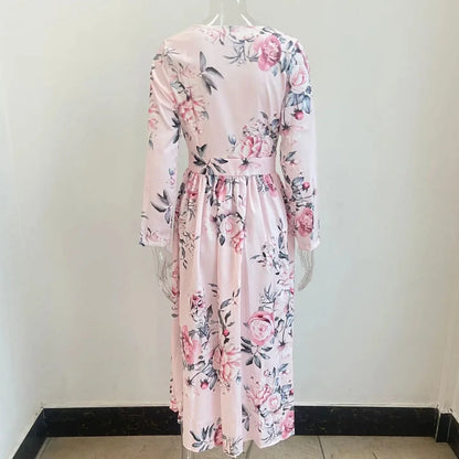 CD | Amazon eBay Cross Border Summer Chiffon imprimate rochie lungă V-Neck maneca lunga Split stil pentru femei