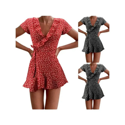 CD | Vara doamnelor florale A-Line rochie Elegant Ruched V-Neck Mini rochie