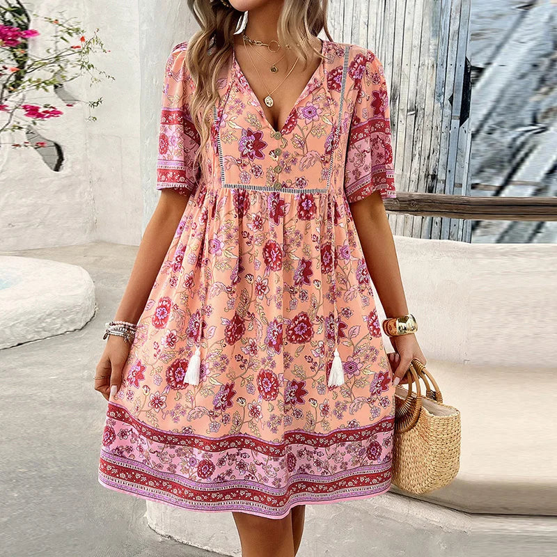 CD | Ariana™ Rochie mini boho din flori cu decolteu în V