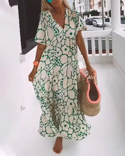 CD | 2024 AliExpress Femeile europene și americane încrucișate de frontieră de vară New Fashion imprimate cu mânecă scurtă Deep V-Neck rochie lungă
