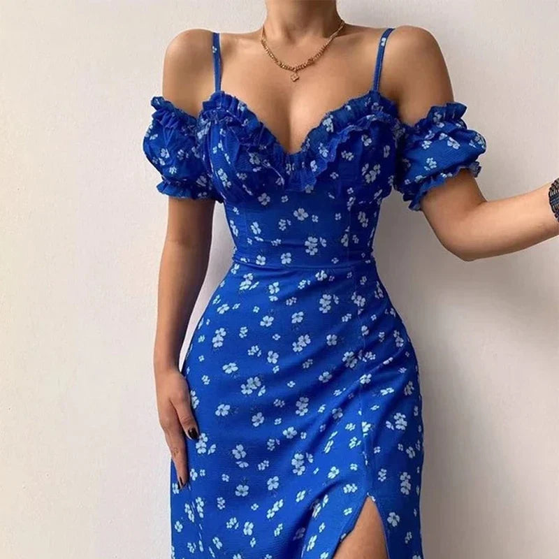 CD | Rochie lungă elegantă fără umeri cu decolteu în V și imprimeu floral