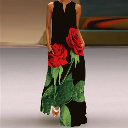 CD | Fresh florale imprimare de vară gât deschis rochie lungă V-Neck fără mâneci rochie de plajă cu buzunare