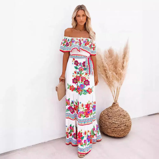 CD | Primăvară vară Rochie maxi fără umăr cu imprimeu floral roșu Fără mâneci Ținută lejeră tiv lat pentru petreceri și purtare casual