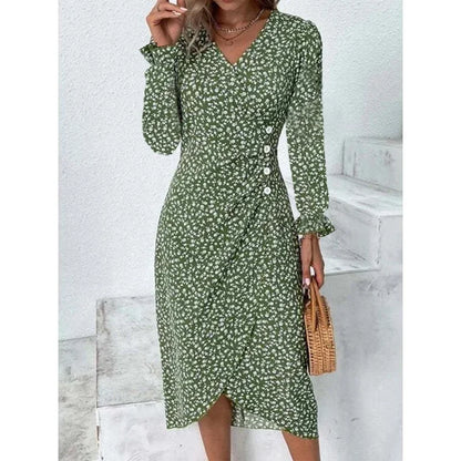 CD | Rochie midi elegantă plisată floral cu mâneci bufante și decolteu în V