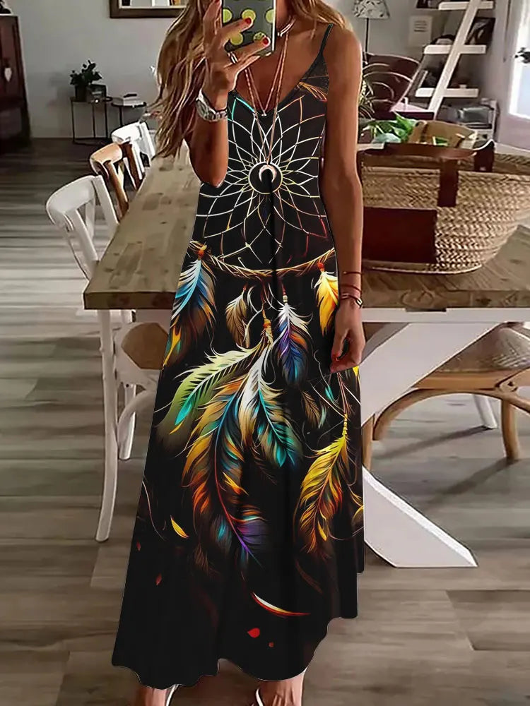 CD | 2024 New 3D Owl Vintage Print Sleeveless Vest Long Women Tribal Pattern Spaghetti Strap Dress Summer Long Loose Vest Dresses