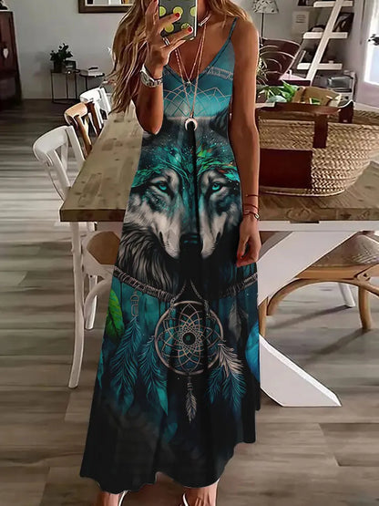 CD | 2024 New 3D Owl Vintage Print Sleeveless Vest Long Women Tribal Pattern Spaghetti Strap Dress Summer Long Loose Vest Dresses