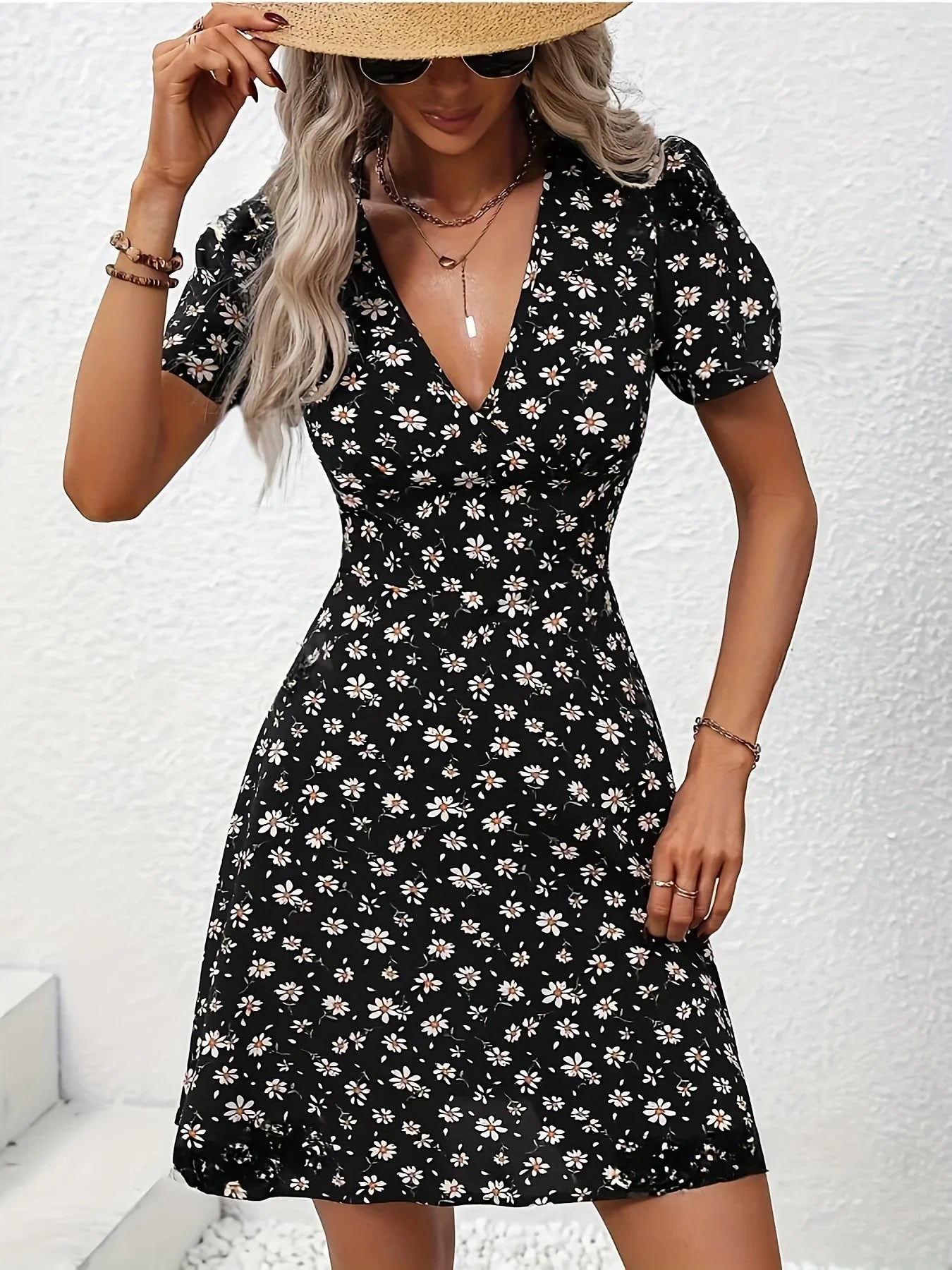 CD | Vara Femei florale imprimare Mini rochie V-Neck Puff mâneci Casual rochie de vacanță pentru a ieși și partid