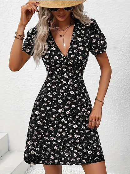 CD | Vara Femei florale imprimare Mini rochie V-Neck Puff mâneci Casual rochie de vacanță pentru a ieși și partid
