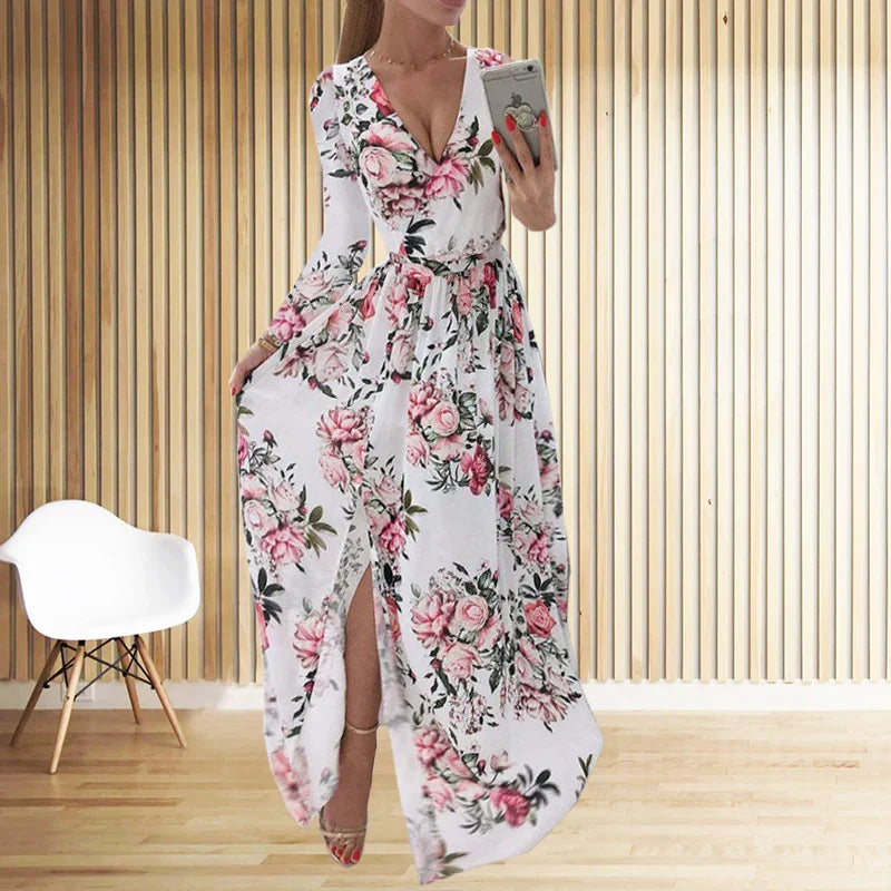 CD | Amazon eBay Cross Border Summer Chiffon imprimate rochie lungă V-Neck maneca lunga Split stil pentru femei