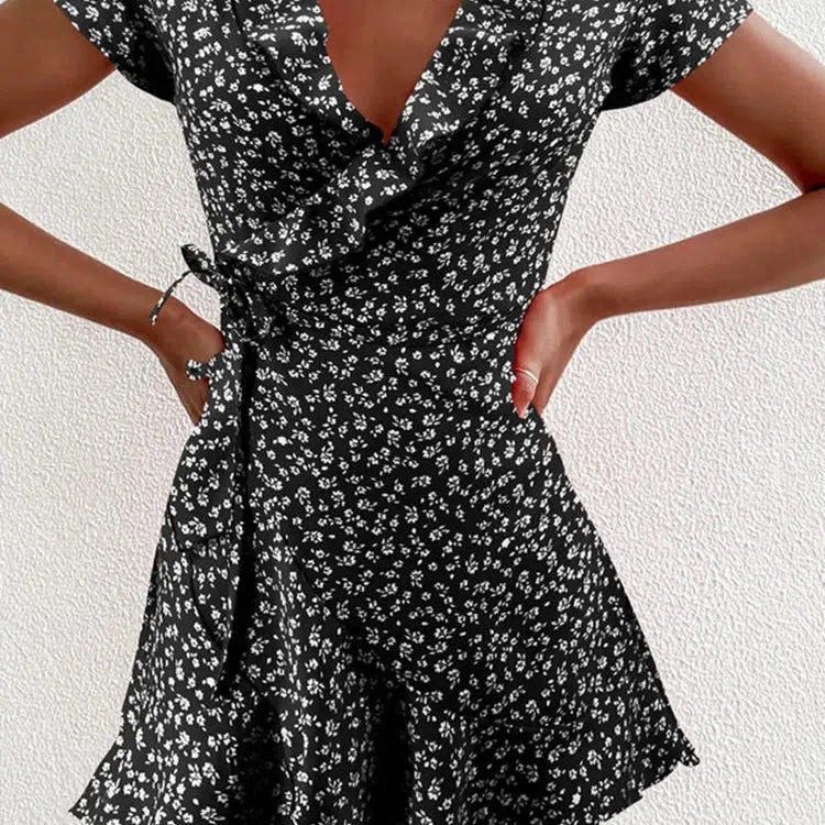 CD | Vara doamnelor florale A-Line rochie Elegant Ruched V-Neck Mini rochie