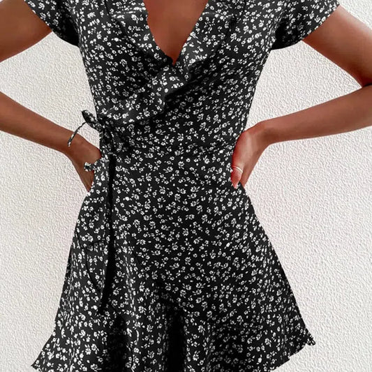 CD | Vara doamnelor florale A-Line rochie Elegant Ruched V-Neck Mini rochie