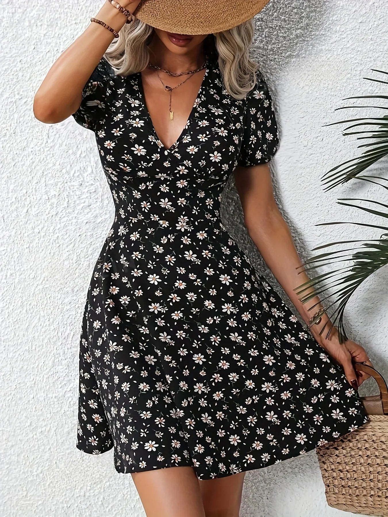 CD | Vara Femei florale imprimare Mini rochie V-Neck Puff mâneci Casual rochie de vacanță pentru a ieși și partid