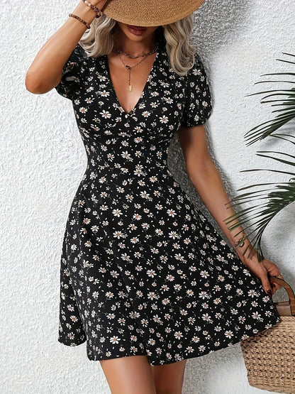 CD | Vara Femei florale imprimare Mini rochie V-Neck Puff mâneci Casual rochie de vacanță pentru a ieși și partid