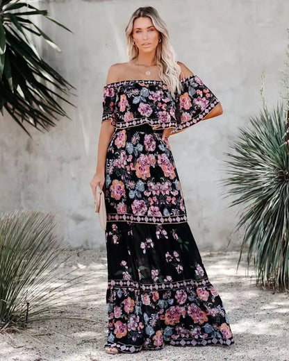 CD | Primăvară vară Rochie maxi fără umăr cu imprimeu floral roșu Fără mâneci Ținută lejeră tiv lat pentru petreceri și purtare casual