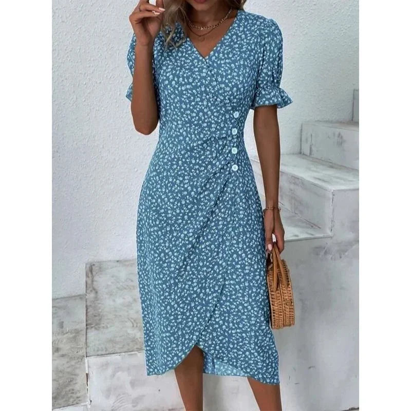 CD | Rochie midi elegantă plisată floral cu mâneci bufante și decolteu în V