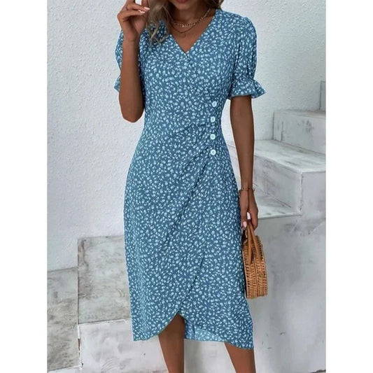 CD | Rochie midi elegantă plisată floral cu mâneci bufante și decolteu în V