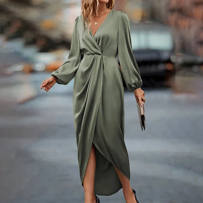 CD | femei rochie maxi satin solid drapat mătase V-neck mâneci lungi