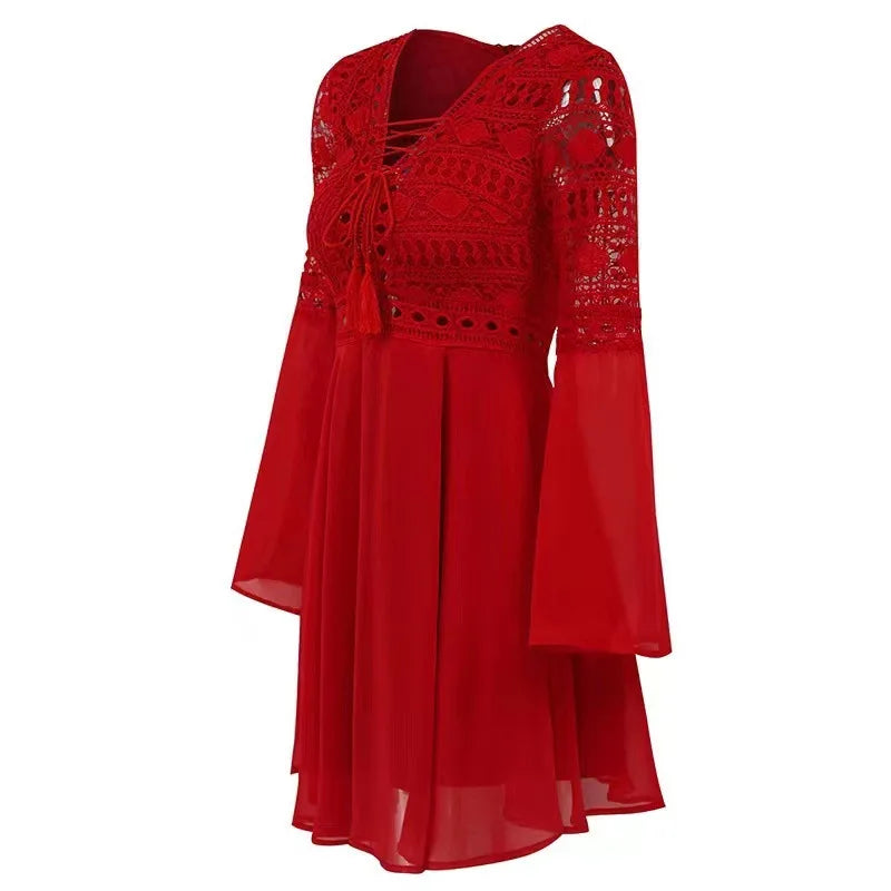 CD | Femeii o linie rochie scurt mini rochie maneca lunga Ruffle V-Neck