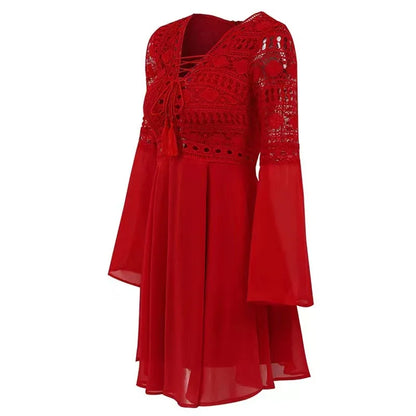 CD | Femeii o linie rochie scurt mini rochie maneca lunga Ruffle V-Neck