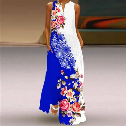 CD | Fresh florale imprimare de vară gât deschis rochie lungă V-Neck fără mâneci rochie de plajă cu buzunare