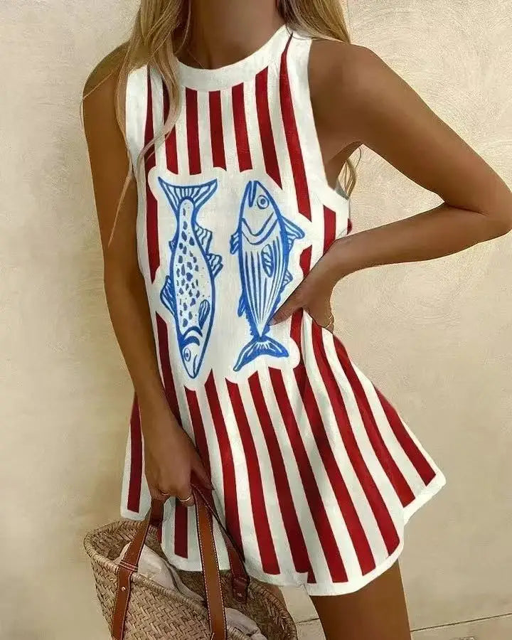 CD | Femei Puzzle imprimare rochie de vară fără mâneci peste genunchi Mini rochie Casual Tank Top rochie de plajă pentru femei