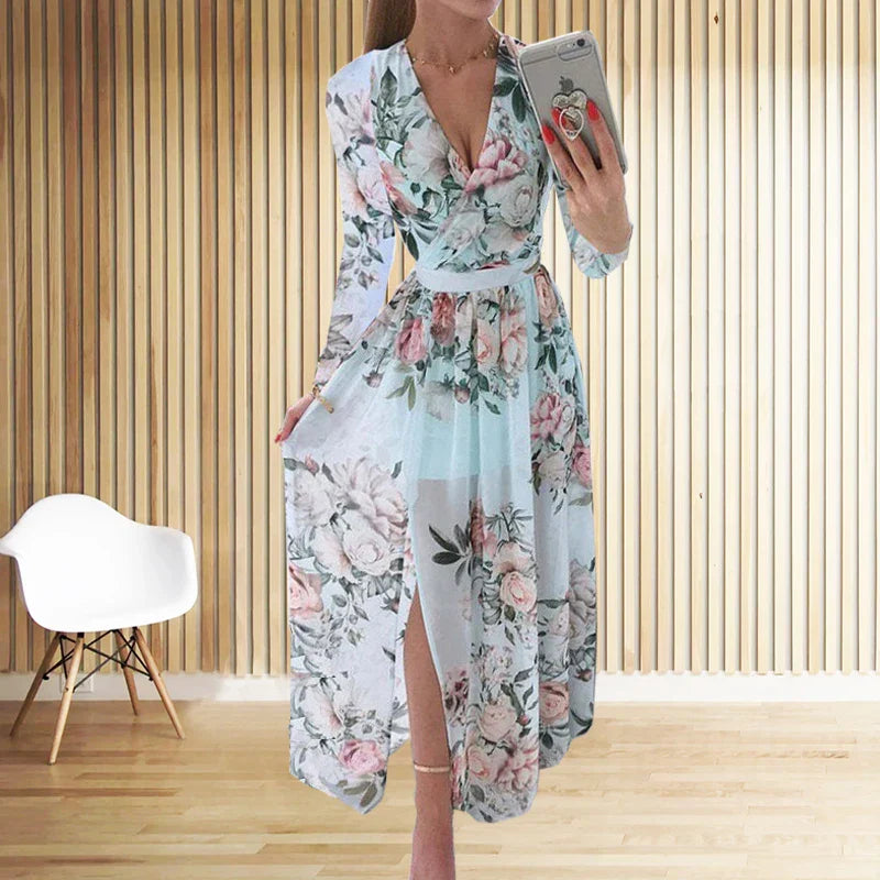 CD | Amazon eBay Cross Border Summer Chiffon imprimate rochie lungă V-Neck maneca lunga Split stil pentru femei