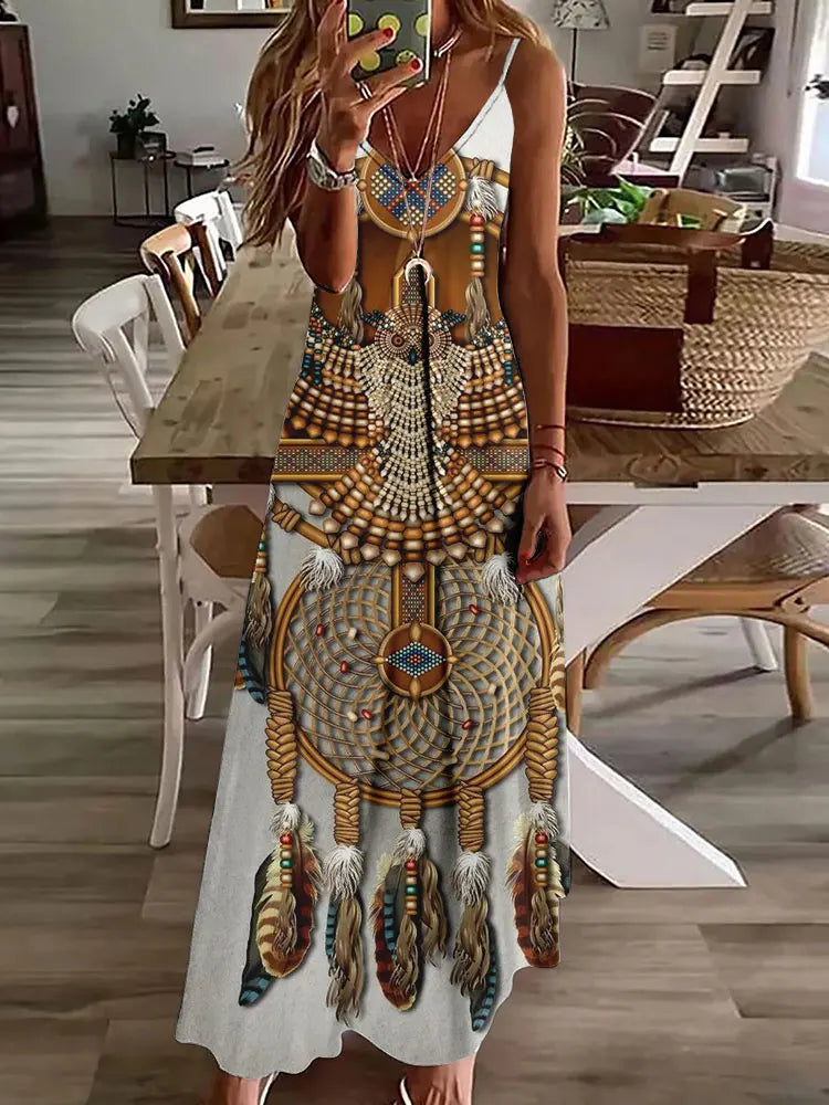 CD | 2024 New 3D Owl Vintage Print Sleeveless Vest Long Women Tribal Pattern Spaghetti Strap Dress Summer Long Loose Vest Dresses