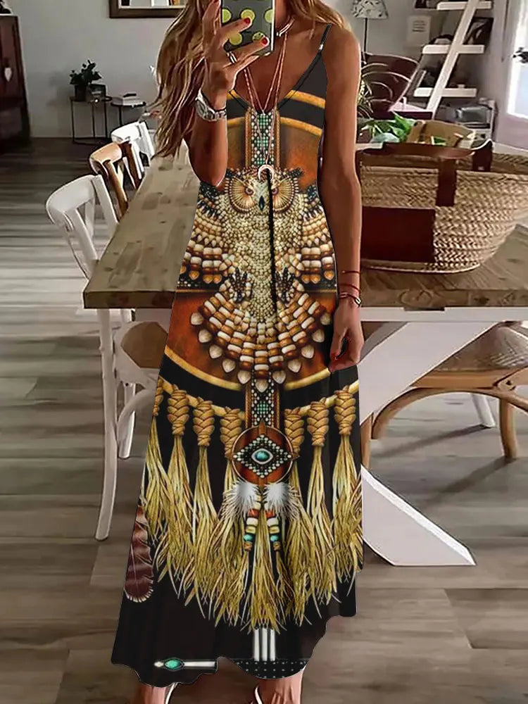 CD | 2024 New 3D Owl Vintage Print Sleeveless Vest Long Women Tribal Pattern Spaghetti Strap Dress Summer Long Loose Vest Dresses