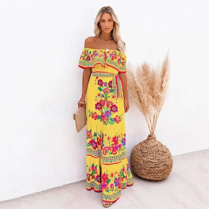 CD | Primăvară vară Rochie maxi fără umăr cu imprimeu floral roșu Fără mâneci Ținută lejeră tiv lat pentru petreceri și purtare casual