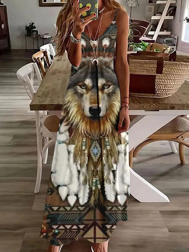 CD | 2024 New 3D Owl Vintage Print Sleeveless Vest Long Women Tribal Pattern Spaghetti Strap Dress Summer Long Loose Vest Dresses