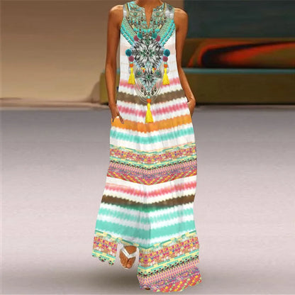 CD | Fresh florale imprimare de vară gât deschis rochie lungă V-Neck fără mâneci rochie de plajă cu buzunare