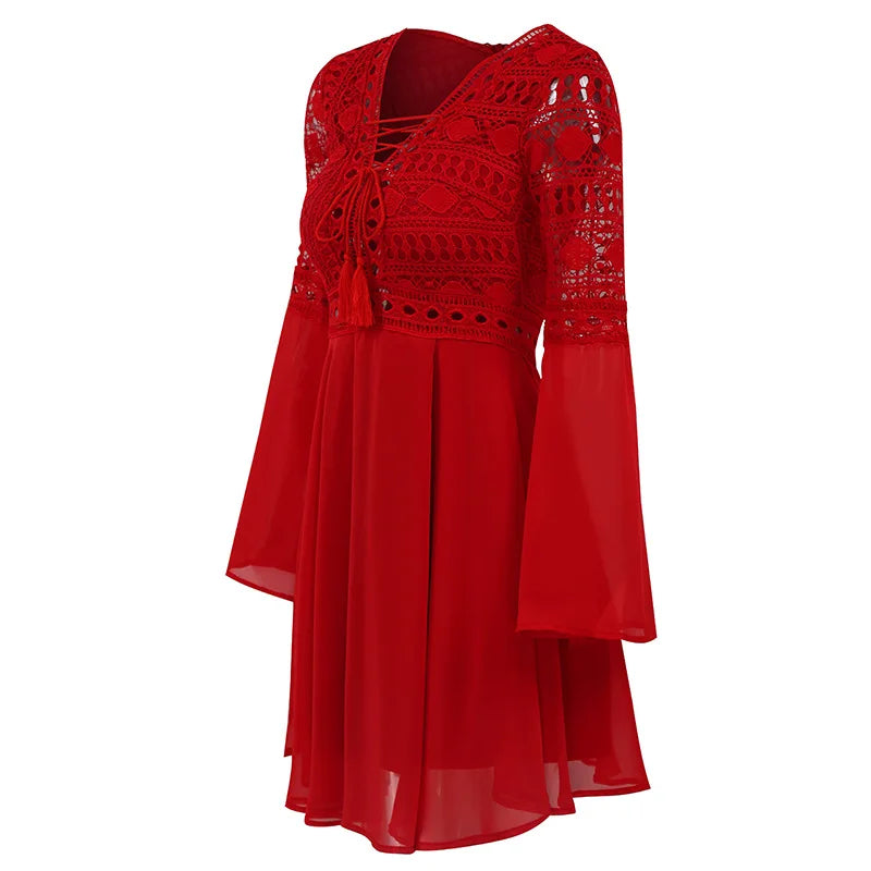 CD | Femeii o linie rochie scurt mini rochie maneca lunga Ruffle V-Neck
