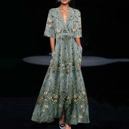 CD | Rochie maxi florală cu centură și decolteu în V