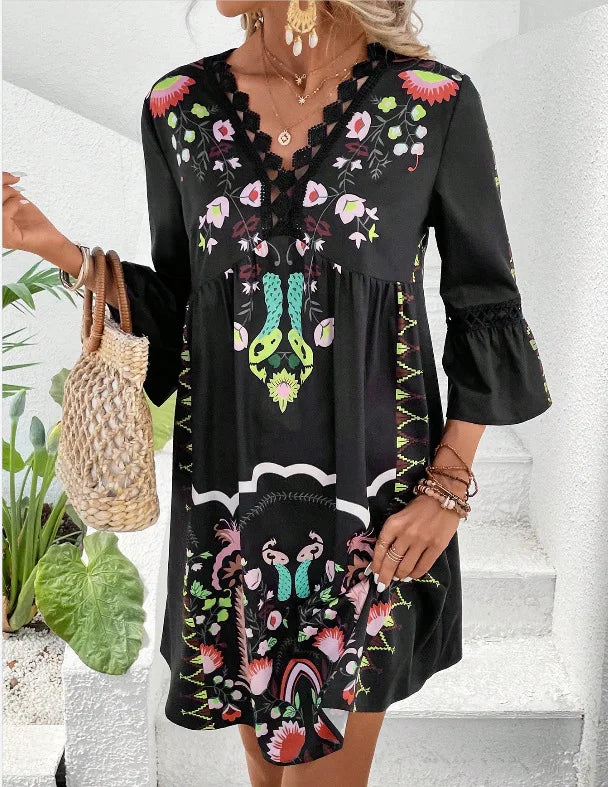 CD | 2025 Doamnelor rochie de vară de vacanță V-Neck maneca lunga florale imprimare plaja rochii de partid Sexy Mini haine pentru femei Vestidos