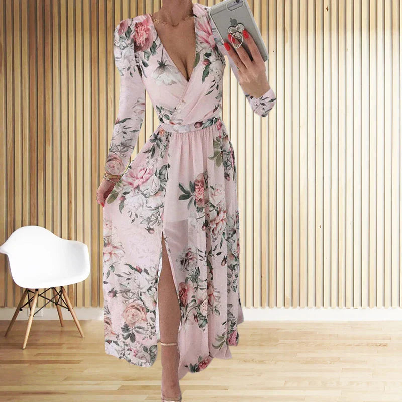 CD | Amazon eBay Cross Border Summer Chiffon imprimate rochie lungă V-Neck maneca lunga Split stil pentru femei