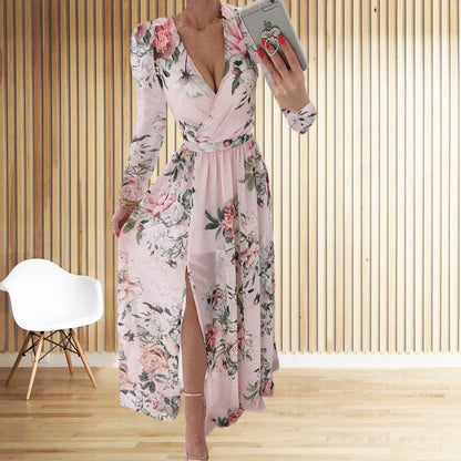 CD | Amazon eBay Cross Border Summer Chiffon imprimate rochie lungă V-Neck maneca lunga Split stil pentru femei